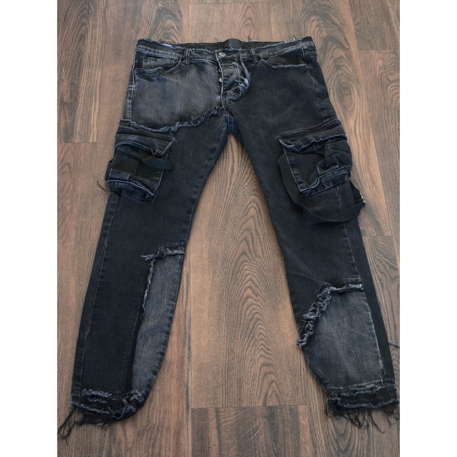 Valabasas Jeans Black Distressed Denim Button Fly Ripped Grunge Rock Mens 36x32